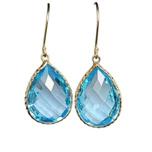 Boutique Jewelry - 14K Yellow Gold Swiss Blue Topaz Drop Dangle French Wire Earrings
